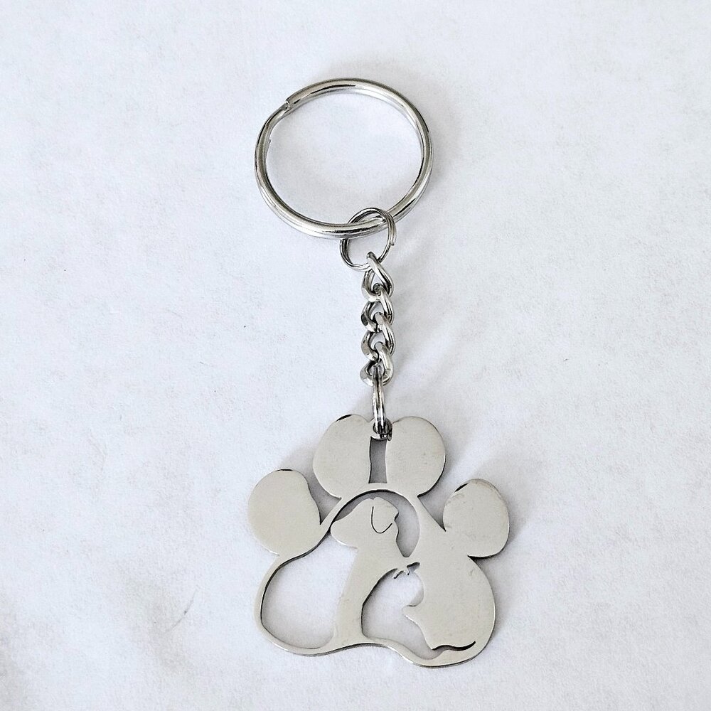 Dog and Cat in Paw Print Keychain Stainless Steel Pet Lover Charm Accessory